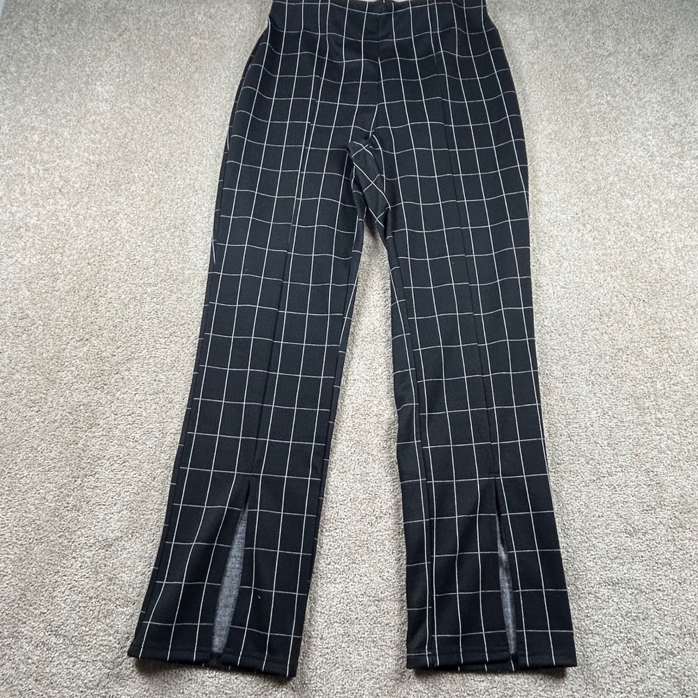 Lark + Grey Black White Windowpane Grid Hem Slit Pull‎ On Pants Medium JD0416M